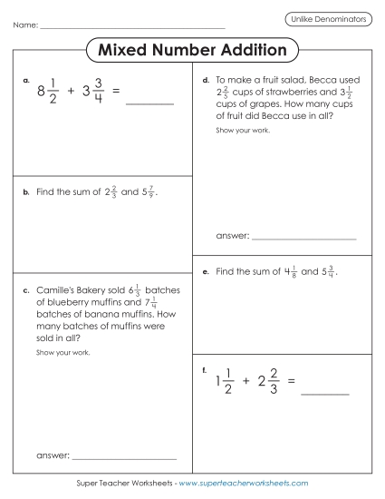 Adding Mixed Numbers: Different Denominators - Variety Worksheet: Mixed Number Addition (Unlike Denominators)