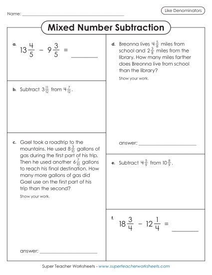 Adding and Subtracting Mixed Numbers - Variety Worksheet: Mixed Number Subtraction (Like Denominators)