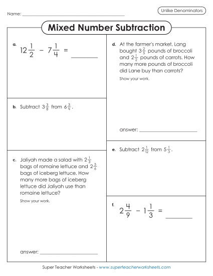 Subtracting Mixed Numbers: Different Denominators - Variety Worksheet: Mixed Number Subtraction (Unlike Denominators)