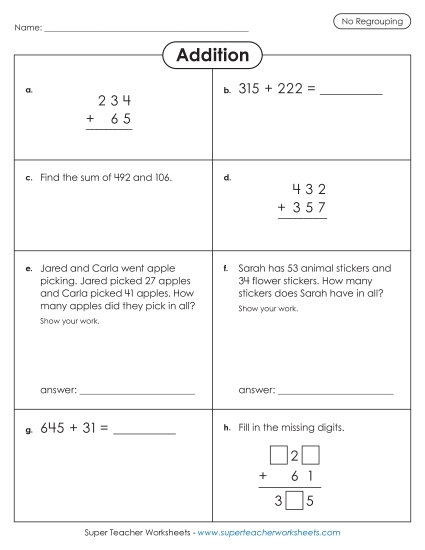 Addition (No Borrowing) - Variety Worksheet: No Regrouping Addition (No Borrowing) - Variety Worksheet: No Regrouping