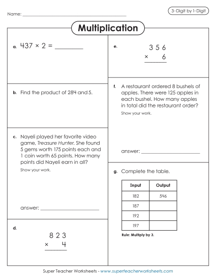 3-Digit Times 1-Digit Printables - Variety Worksheet