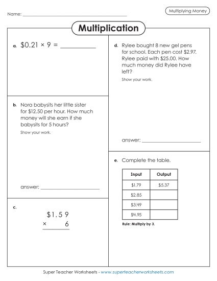 Money Times 1-Digit Worksheets - Variety Worksheet