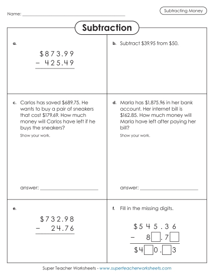 Subtracting Money Worksheets - Variety Worksheet: Subtracting Money