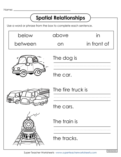 Fill-in-the-Blank Worksheets - Vehicles Spatial Relationships