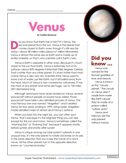 Articles with Questions - Venus Article & Questions
