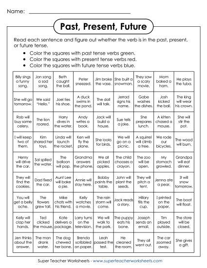 Verb Tenses - Verb Tenses - Coloring Box Activity