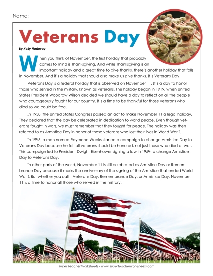 Reading Comprehension - Veterans Day Article Reading Comprehension - Veterans Day Article