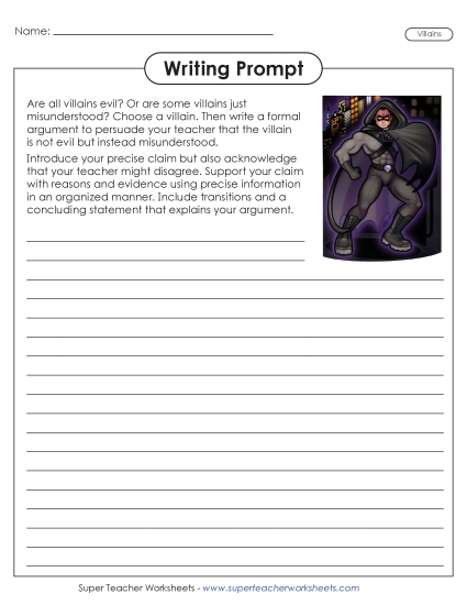 Middle School Writing Prompts Persuasive Arguments - Villains (Printable PDF Worksheet)