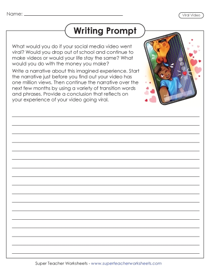 Middle School Writing Prompts Narrative Writing - Viral Video (Printable PDF Worksheet)