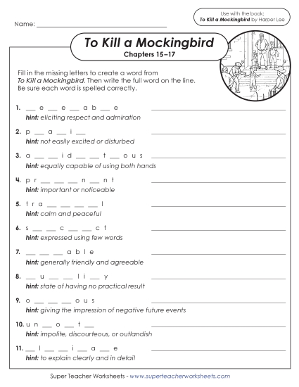 Chapters 15–17 - Vocabulary Activity: Chapters 15–17 Complete the Word (Printable PDF Worksheet)