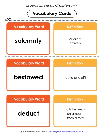 Chapters 7–9 - Vocabulary Cards: Chapters 7–9 (Printable PDF Worksheet)