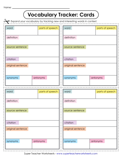 Vocabulary - Vocabulary Tracker: Cards (Printable PDF Worksheet)