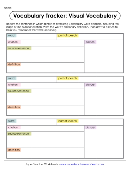 Vocabulary - Vocabulary Tracker: Visual Vocabulary (Printable PDF Worksheet)