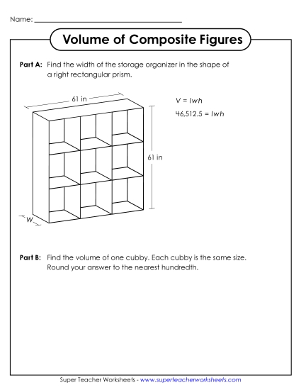 Advanced: Some Missing Lengths Decimal & 2-Digit Lengths - Volume of a Cubby (Printable PDF Worksheet)