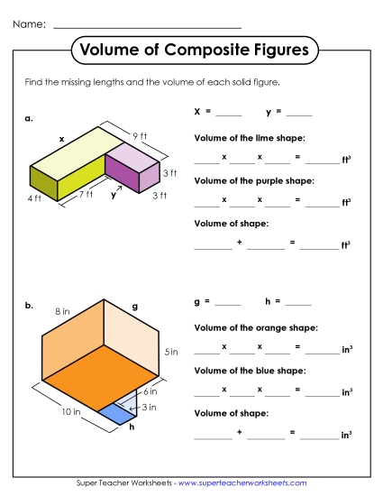 Intermediate: Some Missing Lengths Single, Whole Number Lengths - Volume of Composite Figures: Two Shapes (Intermediate) Intermediate: Some Missing Lengths Single, Whole Number Lengths - Volume of Composite Figures: Two Shapes (Intermediate)