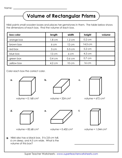 Volume of Rectangular Prisms (Advanced: Decimals and Fractions) - Volume - Rectangular Prisms Table (Advanced)