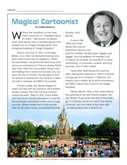 Reading Comprehension - Walt Disney: Magical Cartoonist Reading Comprehension - Walt Disney: Magical Cartoonist