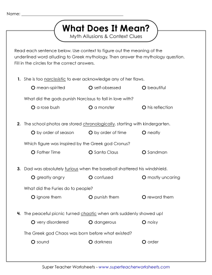 Worksheets - What Does It Mean? Myth Allusions & Context Clues (Printable PDF Worksheet)