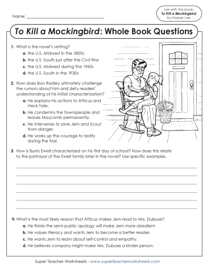 Whole Book - Whole Book Questions (To Kill a Mockingbird) (Printable PDF Worksheet)