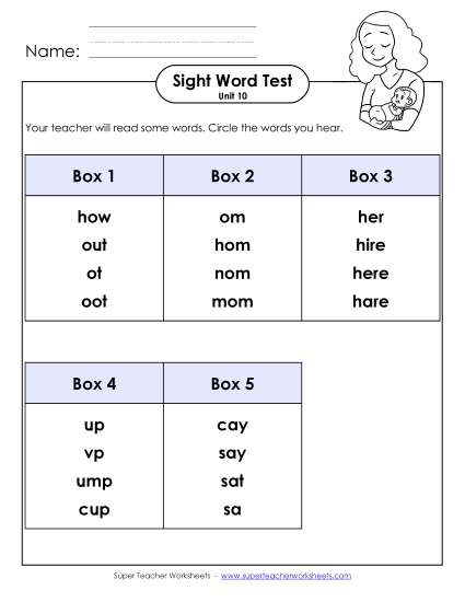 Sight Word Tests - Whole Class Test (Unit 10)