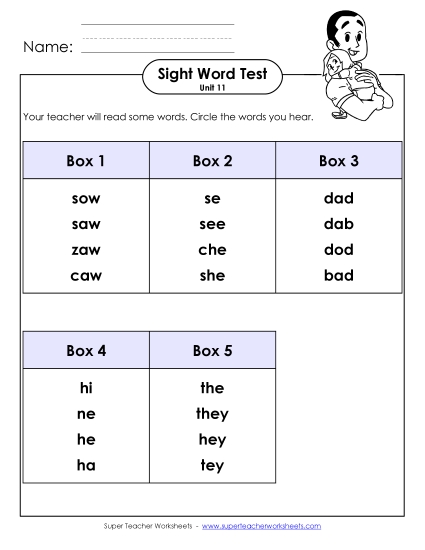 Sight Word Tests - Whole Class Test (Unit 11)