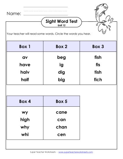 Sight Word Tests - Whole Class Test (Unit 12) Sight Word Tests - Whole Class Test (Unit 12)
