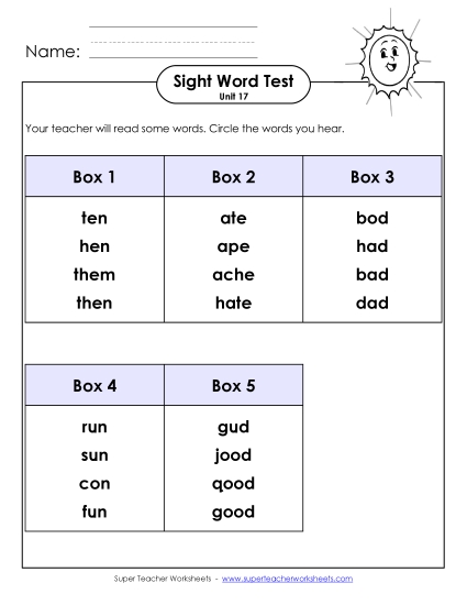Sight Word Tests - Whole Class Test (Unit 17) Sight Word Tests - Whole Class Test (Unit 17)