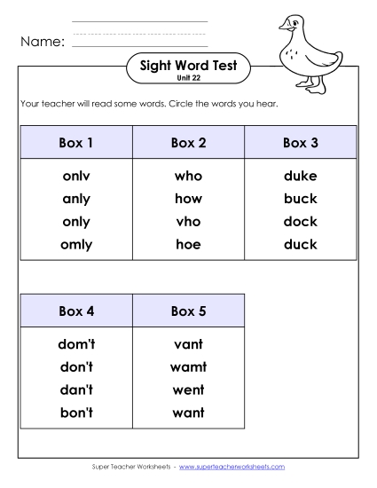 Sight Word Tests - Whole Class Test (Unit 22) Sight Word Tests - Whole Class Test (Unit 22)