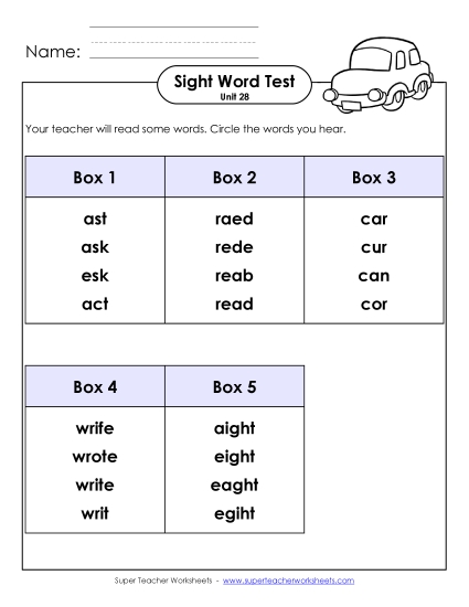Sight Word Tests - Whole Class Test (Unit 28) Sight Word Tests - Whole Class Test (Unit 28)
