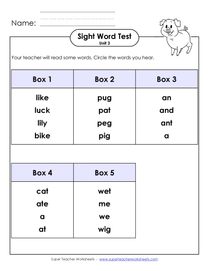Sight Word Tests - Whole Class Test (Unit 3)