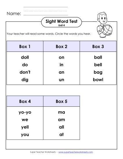 Sight Word Tests - Whole Class Test (Unit 4)