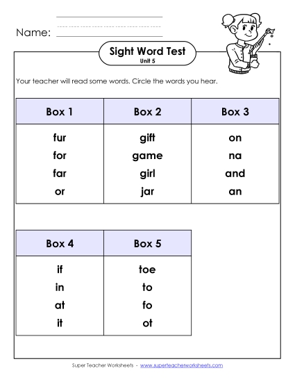 Sight Word Tests - Whole Class Test (Unit 5)