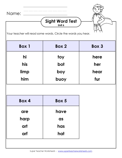 Sight Word Tests - Whole Class Test (Unit 6)
