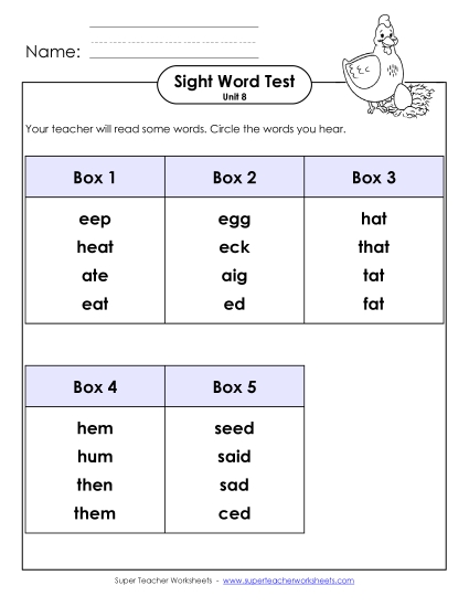 Sight Word Tests - Whole Class Test (Unit 8)