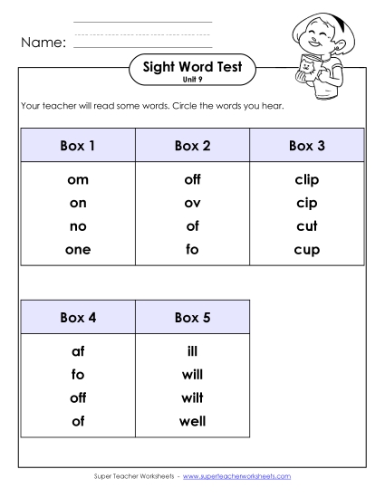 Sight Word Tests - Whole Class Test (Unit 9)