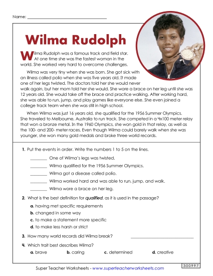 Reading Comprehension - Wilma Rudolph (Short Biography) Reading Comprehension - Wilma Rudolph (Short Biography)