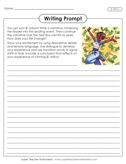 Middle School Writing Prompts Narrative Writing - Winning $1 Billion (Printable PDF Worksheet)