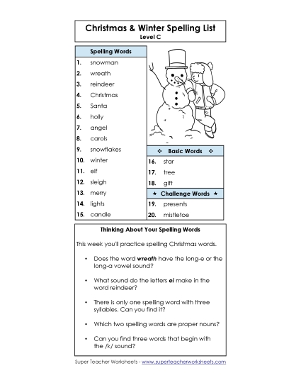 Spelling List - Winter & Christmas Spelling List (C-Christmas) 