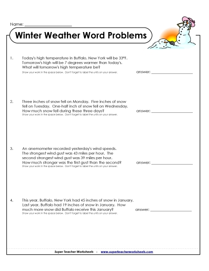 Winter Weather Word Problems Winter Weather Word Problems