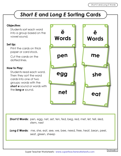 Word Card Sort: Long E, Short E Word Card Sort: Long E, Short E