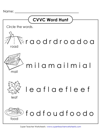 CVVC Worksheets - Word Hunt (CVVC Words) (Printable PDF Worksheet)