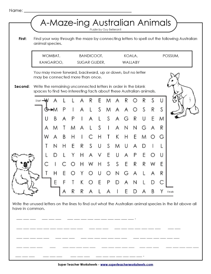 Worksheets - Word-Maze: Australian Animals