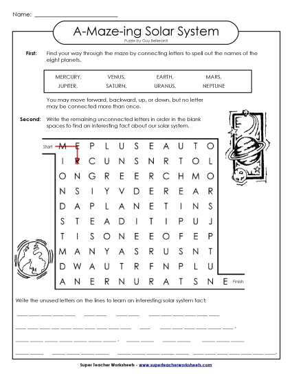 Worksheets (Level: Intermediate) - Word-Maze Puzzle: Planets