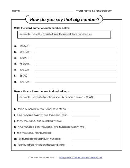 Place Value - Word Name (Hundred Thousands)