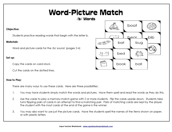 Card Games & Sorts - Word-Picture Match - /b/ Words