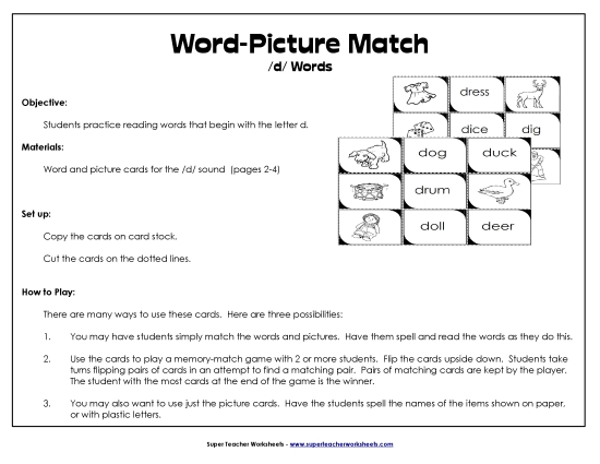 Card Games & Sorts - Word-Picture Match - /d/ Words
