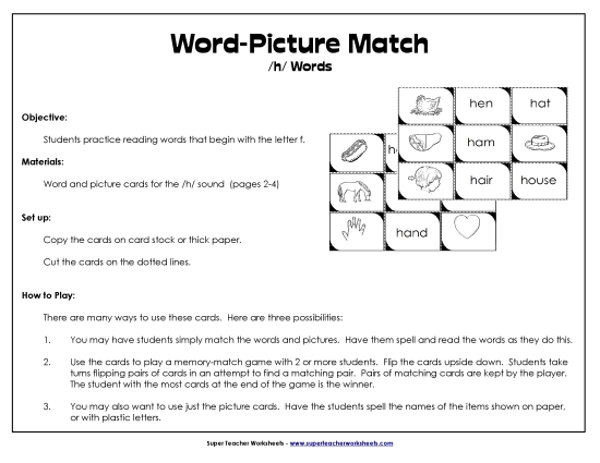 Card Games & Sorts - Word-Picture Match - /h/ Words Card Games & Sorts - Word-Picture Match - /h/ Words