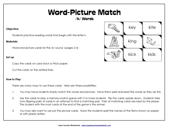 Card Games & Sorts - Word-Picture Match - /k/ Words Card Games & Sorts - Word-Picture Match - /k/ Words