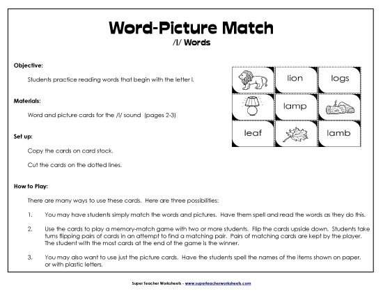 Card Games & Sorts - Word-Picture Match - /l/ Words
