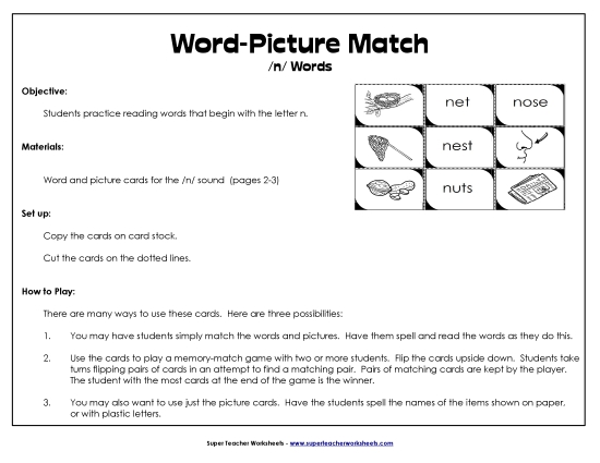 Card Games & Sorts - Word-Picture Match - /n/ Words Card Games & Sorts - Word-Picture Match - /n/ Words
